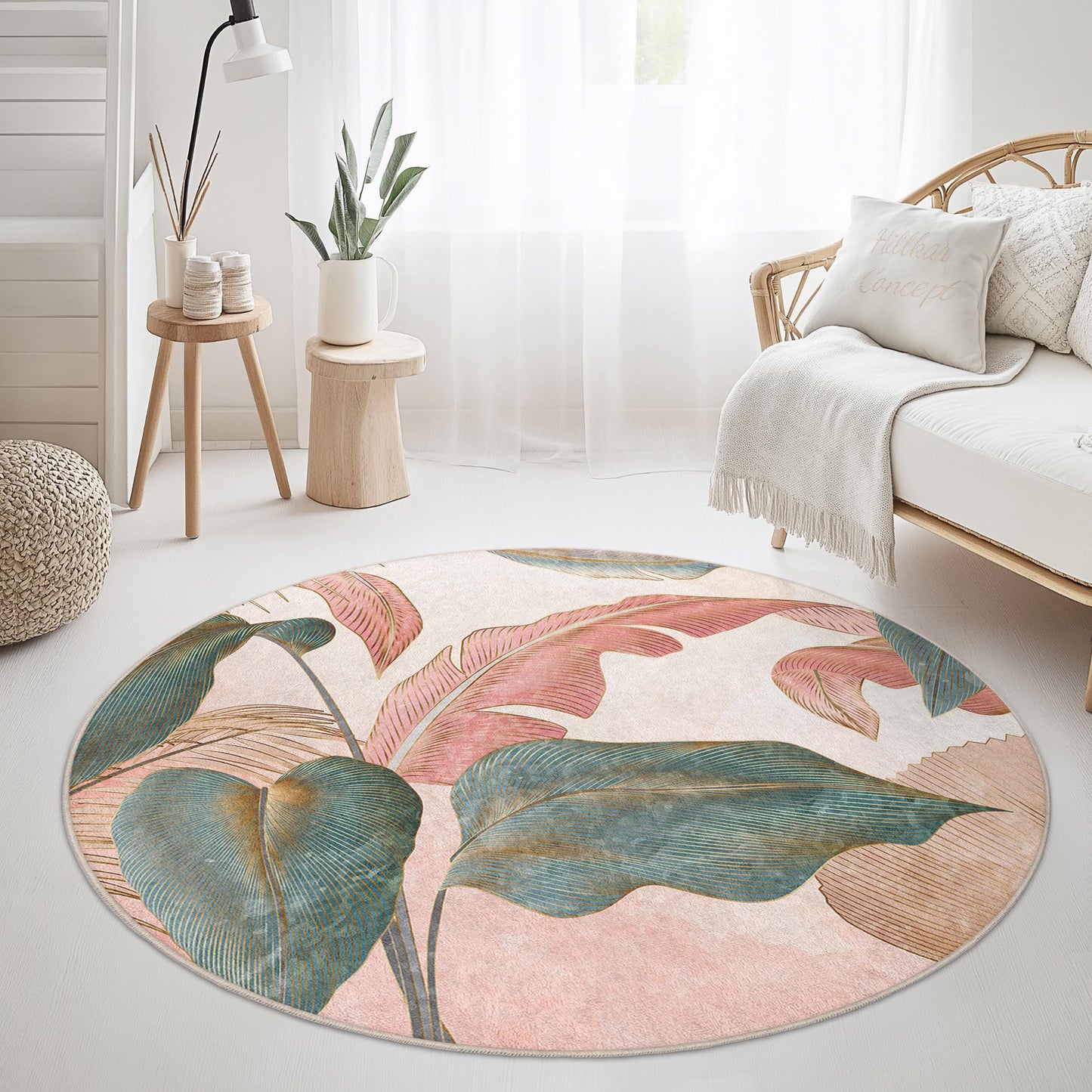 Runder Teppich mit botanischem Motiv | Teppich mit tropischem Blätterdesign | Weiche florale Wohndekoration | Waschbarer runder Teppich für das Wohnzimmer