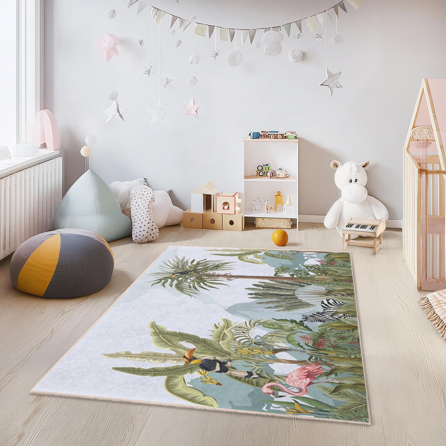 Tropischer Dschungel-Abenteuer-Kinderteppich, bunte Tierspielmatte, rechteckiger Kinderzimmerteppich, Kinderzimmerdekoration, Dschungel-Thementeppich