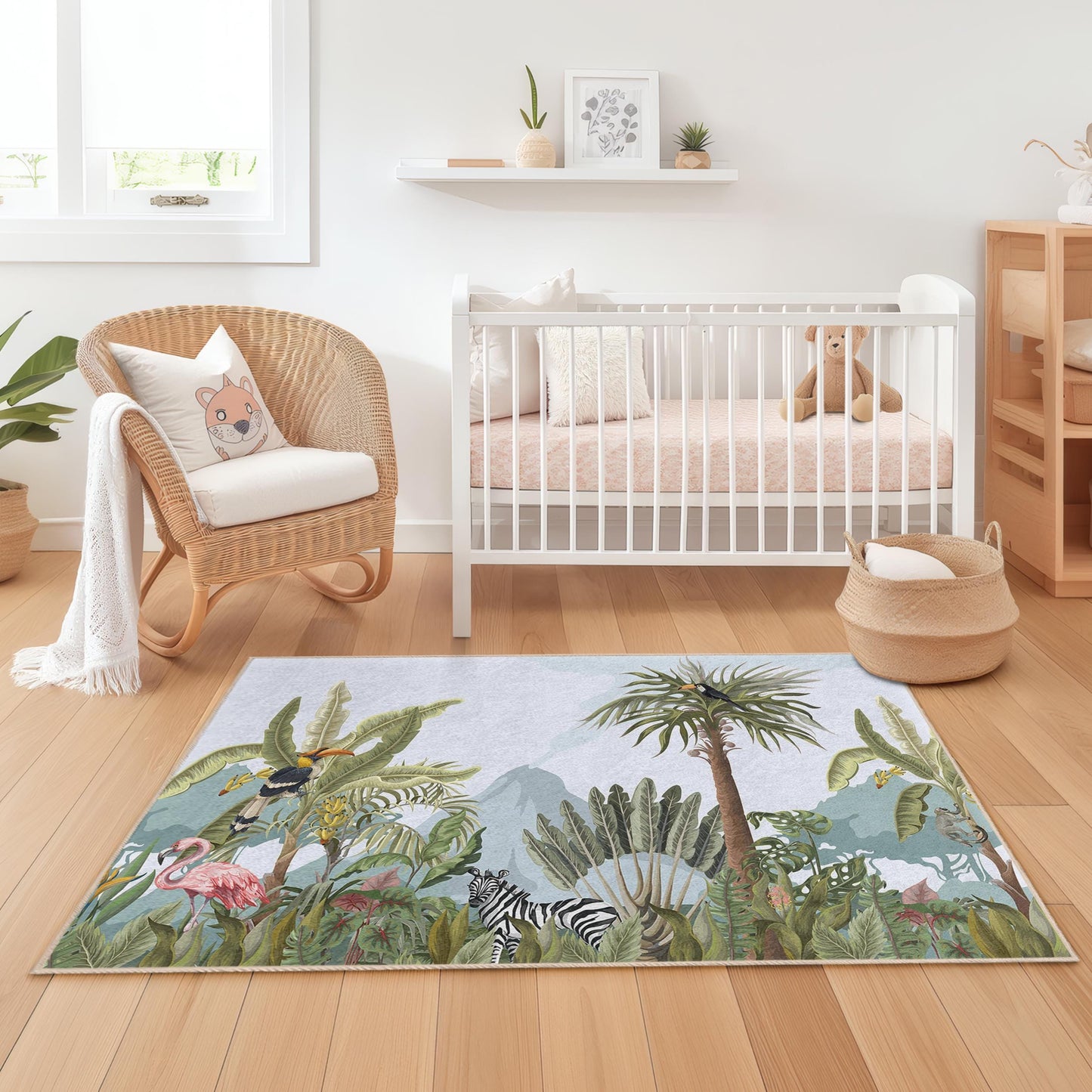 Tropischer Dschungel-Abenteuer-Kinderteppich, bunte Tierspielmatte, rechteckiger Kinderzimmerteppich, Kinderzimmerdekoration, Dschungel-Thementeppich