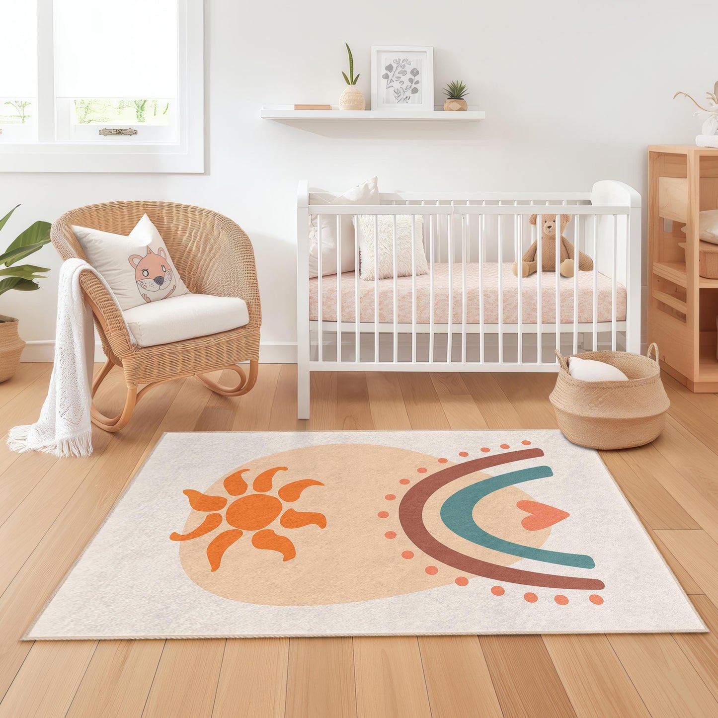 Rechteckiger Kinderteppich mit sonnigem Regenbogenmuster, bunter Spielzimmerteppich, weiche Spielmatte, Kinderzimmerteppich
