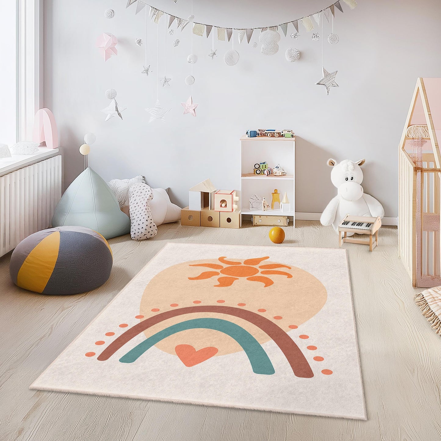 Rechteckiger Kinderteppich mit sonnigem Regenbogenmuster, bunter Spielzimmerteppich, weiche Spielmatte, Kinderzimmerteppich