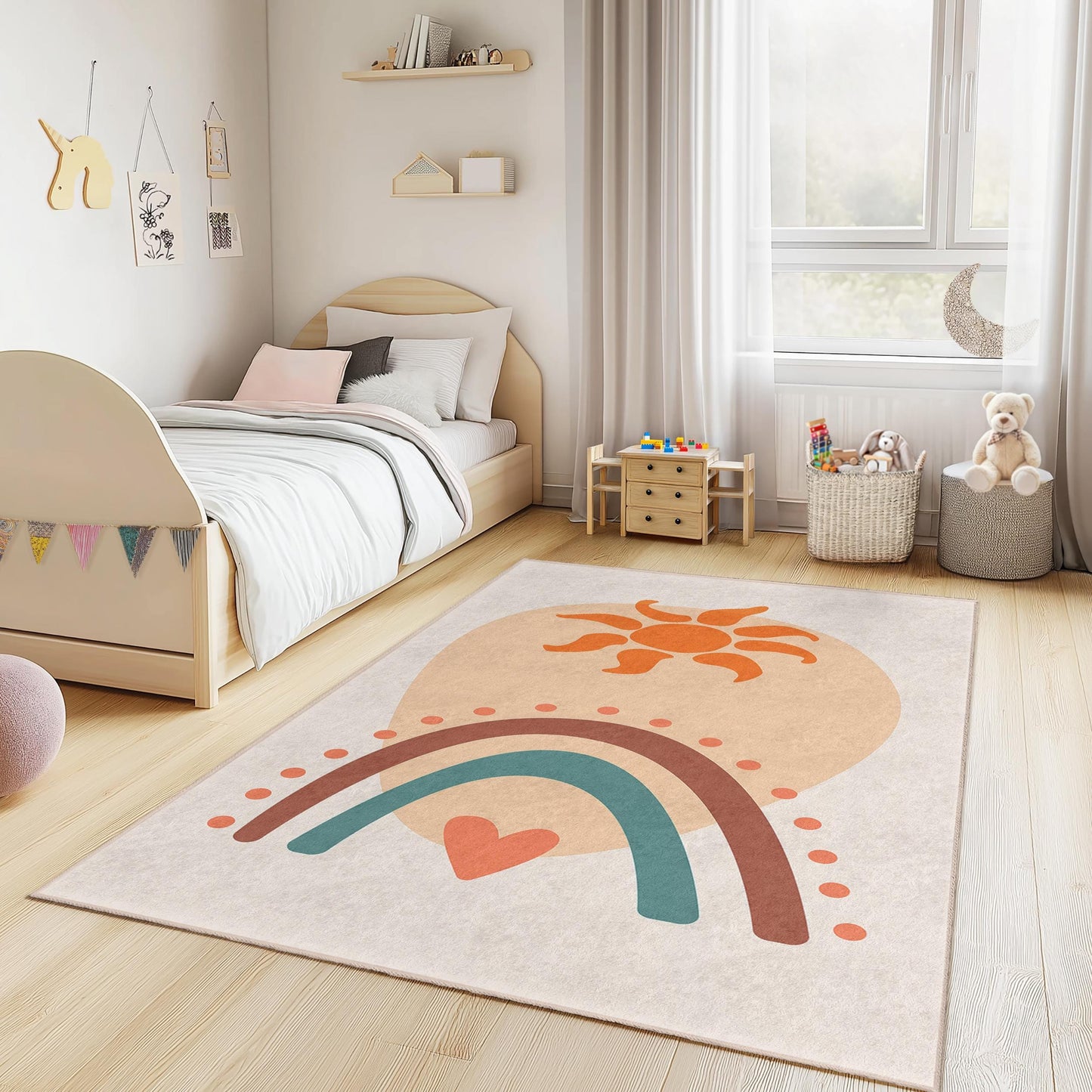 Rechteckiger Kinderteppich mit sonnigem Regenbogenmuster, bunter Spielzimmerteppich, weiche Spielmatte, Kinderzimmerteppich
