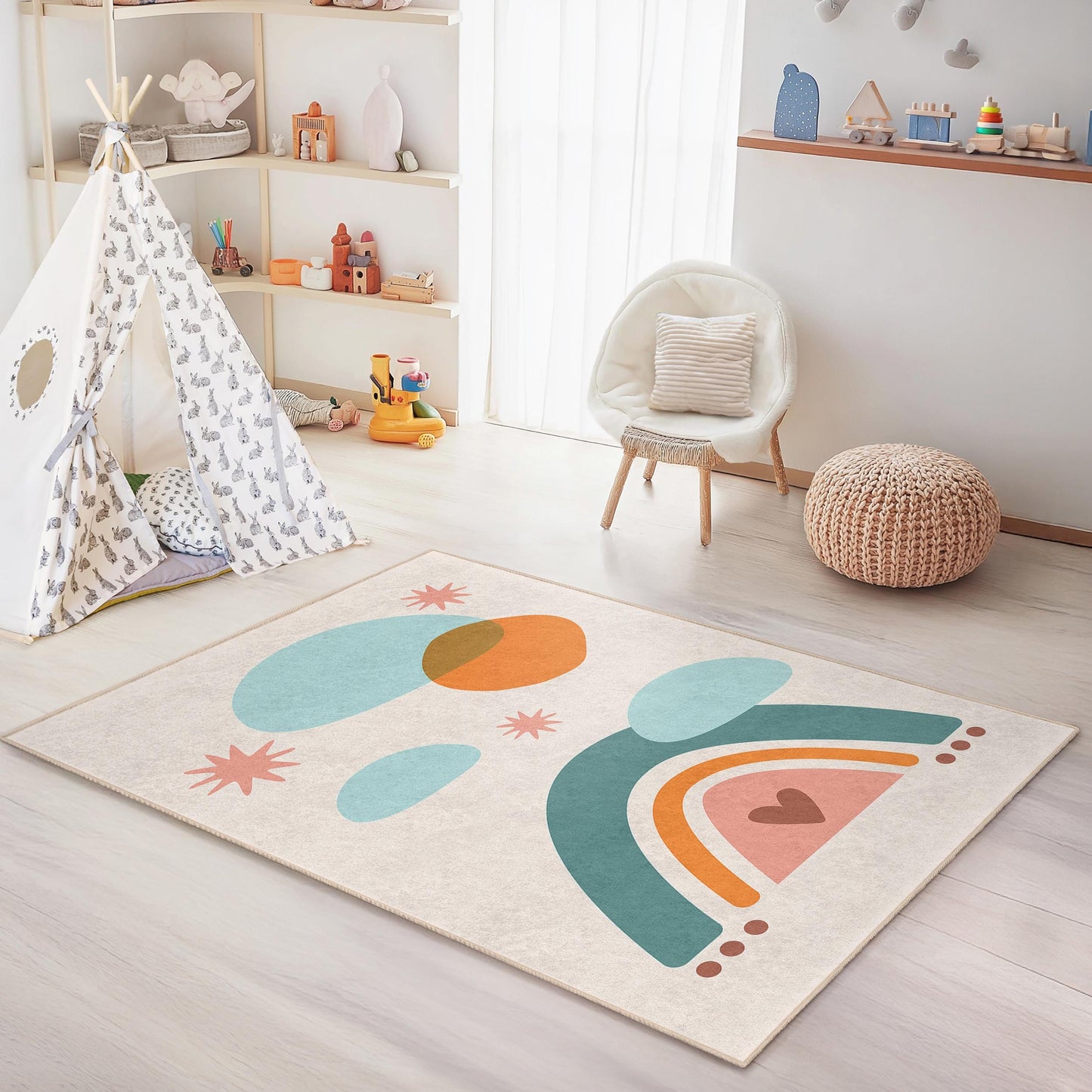 Regenbogenfarbener Spielteppich, bunter rechteckiger Kinderteppich, weicher Kinderzimmerteppich, Spielzimmerdeko, Kinderzimmer-Basics, lustiger Kinderteppich