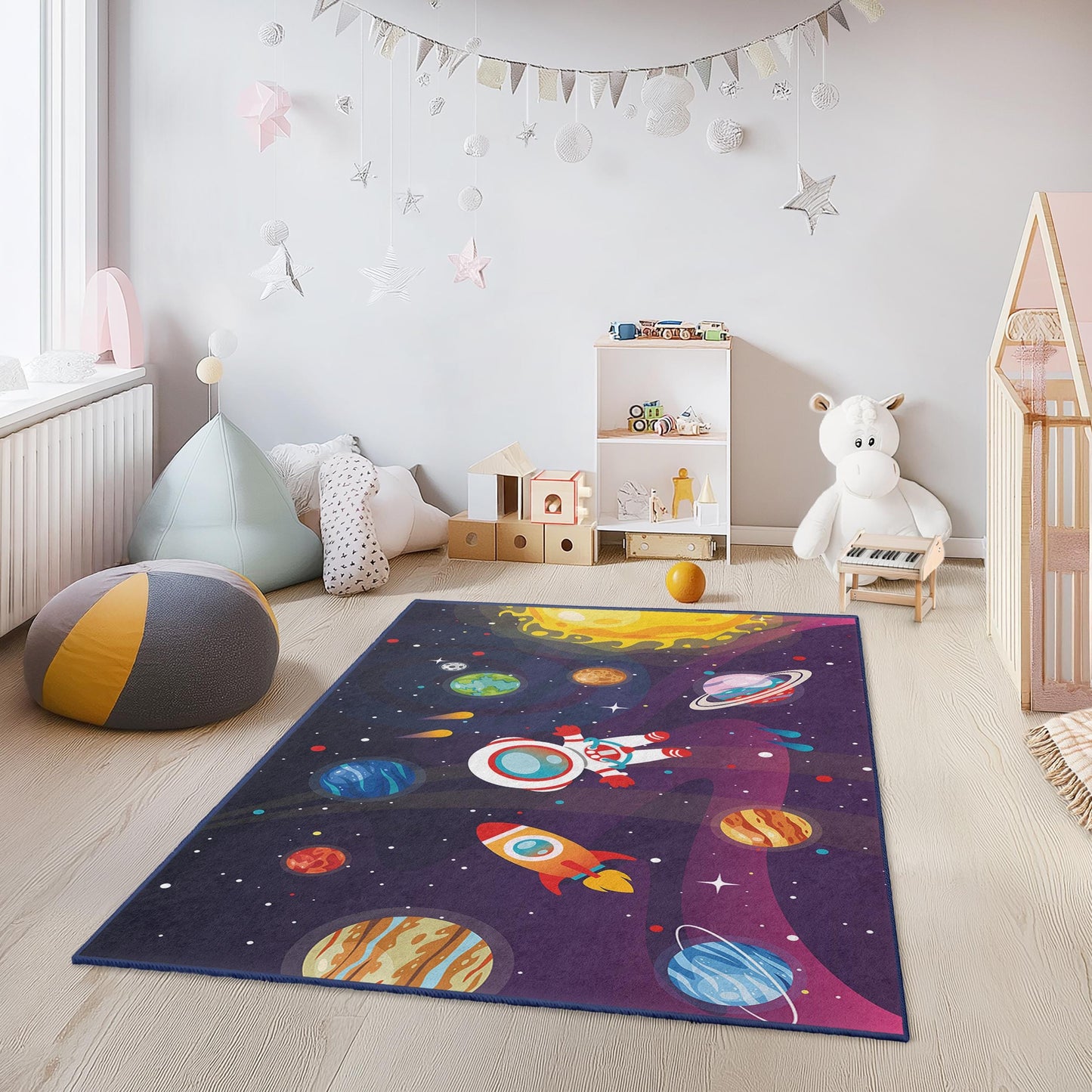 Astronauten- und Planetenmotiv, Weltraumabenteuer-Spielteppich für Kinder, rechteckiger Kinderteppich, kosmische Spielmatte für Kinderzimmer, Schlafzimmerdekoration
