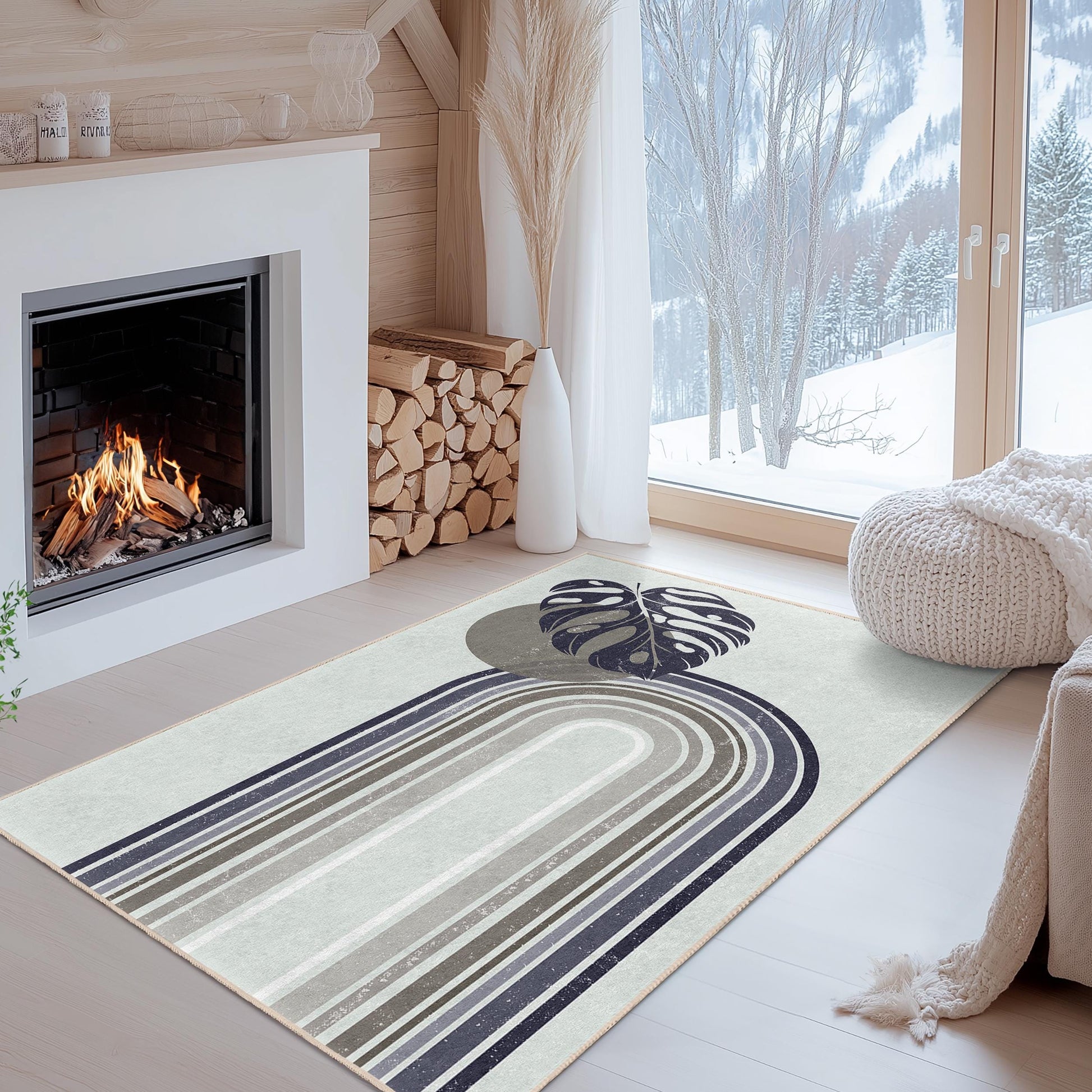 Abstract Leaf Design Rectangular Area Rug, Modern Bohemian Rug, Geometric Pattern Carpet, Living Room Decor, Stylish Floor Mat