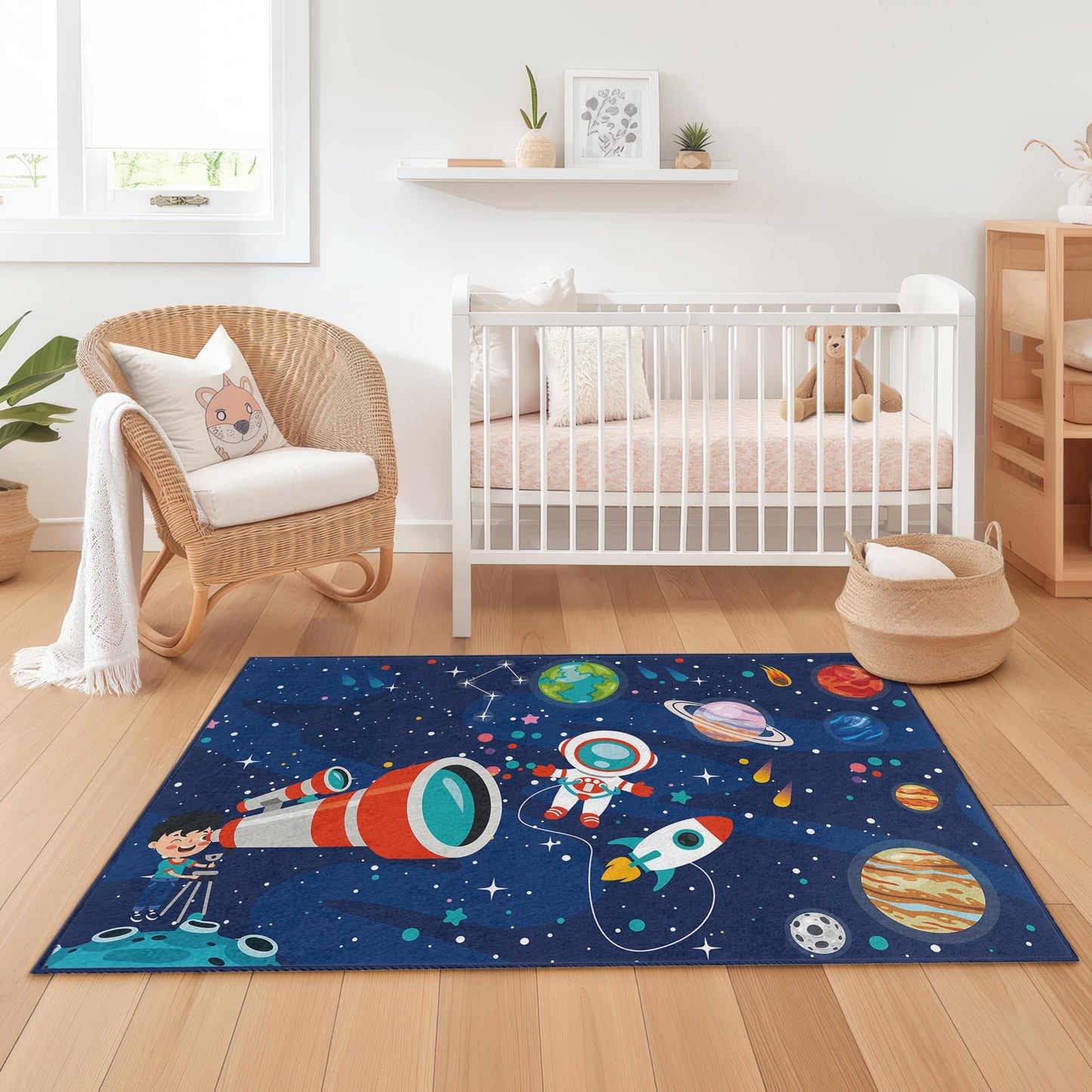 Weltraumabenteuer-Spielteppich für Kinder, Teppich mit Astronauten- und Planetenmotiven, rechteckiger Spielzimmerteppich für Kinder, kosmische Kinderzimmerdekoration