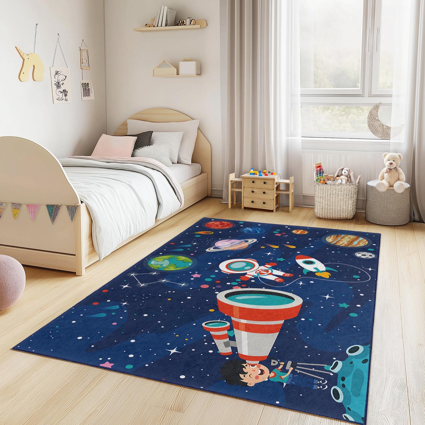 Weltraumabenteuer-Spielteppich für Kinder, Teppich mit Astronauten- und Planetenmotiven, rechteckiger Spielzimmerteppich für Kinder, kosmische Kinderzimmerdekoration
