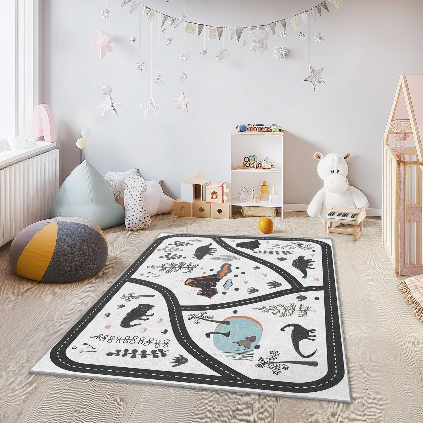 Dinosaurier-Abenteuer-Spielteppich für Kinder, rechteckige Spielmatte, weicher Dinosaurier-Teppich fürs Kinderzimmer, interaktiver Spielteppich, lustiger Kleinkinderteppich