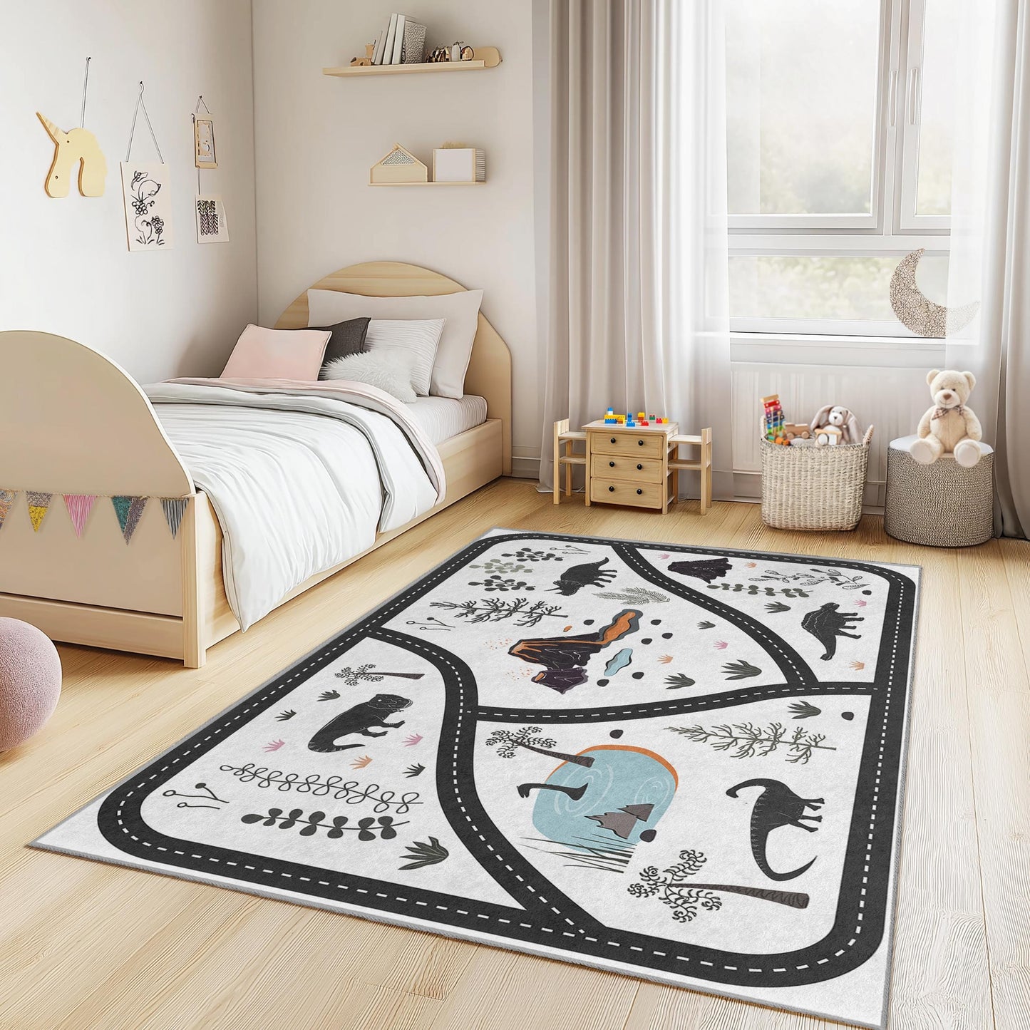 Dinosaurier-Abenteuer-Spielteppich für Kinder, rechteckige Spielmatte, weicher Dinosaurier-Teppich fürs Kinderzimmer, interaktiver Spielteppich, lustiger Kleinkinderteppich