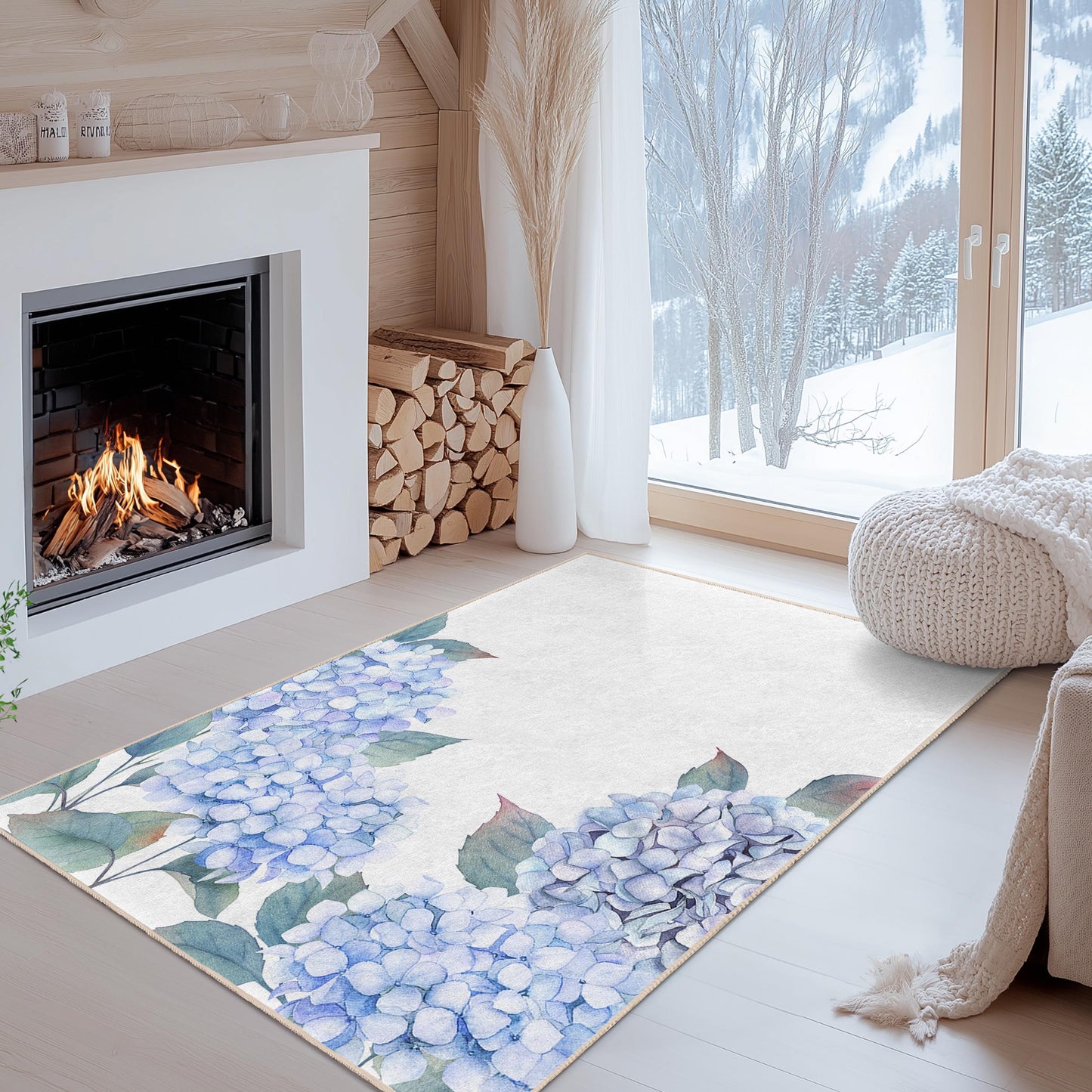 Eleganter rechteckiger Teppich mit blauem Hortensienmuster, Wohnzimmerteppich mit Blumendekor, Wohnteppich, Schlafzimmerteppich