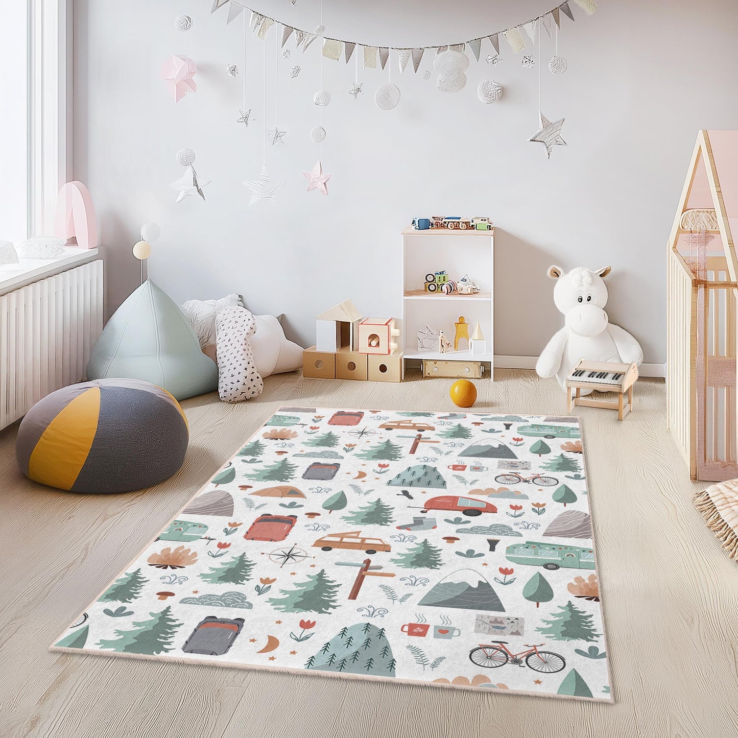 Rechteckiger Teppich im Camping-Design, Kinderteppich „Abenteuer erwartet dich“, Naturinspirierte Spielmatte für Kinder, Outdoor-Deko fürs Kinderzimmer