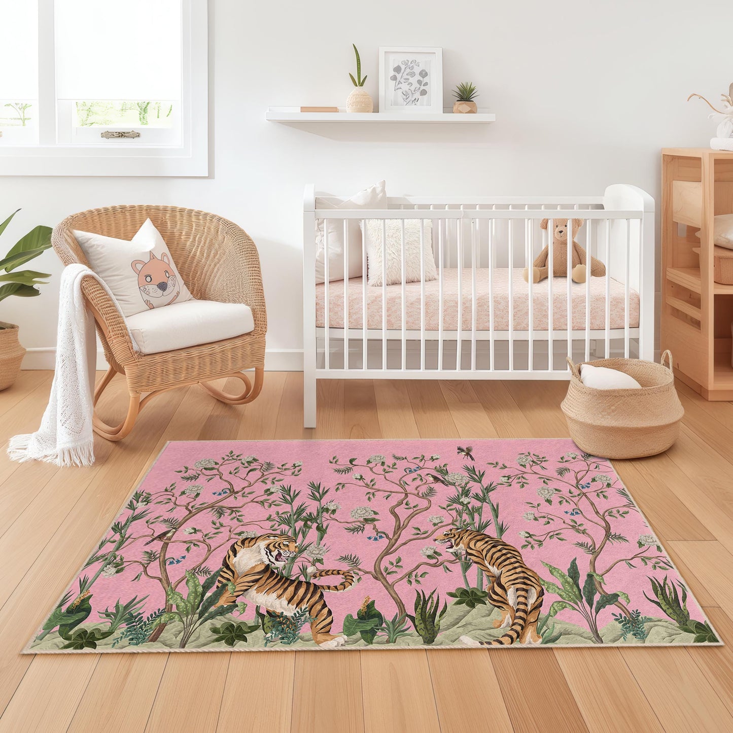 Farbenfroher Kinderteppich mit Tiger- und Blumenmuster, rechteckige Spielmatte fürs Kinderzimmer, Dschungel-Thema, weicher und kuscheliger Teppich