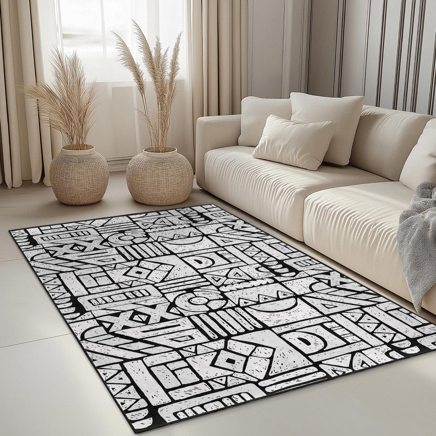 Geometric Patterned Rectangle Rug, Modern Black and White Area Rug, Stylish Living Room Carpet, Unique Home Decor, Contemporary Design