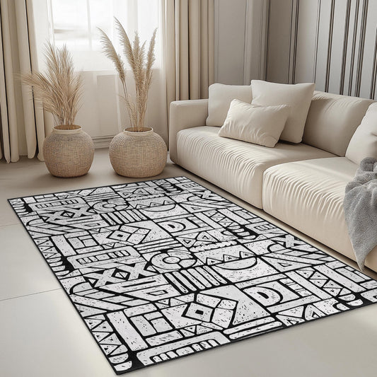 Geometric Patterned Rectangle Rug, Modern Black and White Area Rug, Stylish Living Room Carpet, Unique Home Decor, Contemporary Design