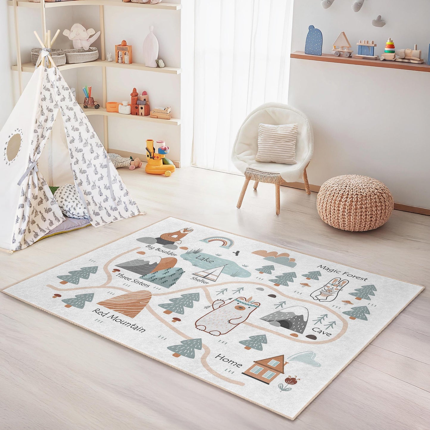 Abenteuerkarten-Spielteppich für Kinder, rechteckiger Spielteppich, Kinderteppich mit Wald- und Seemotiv, Tierspielmatte für Kinderzimmer und Spielzimmer