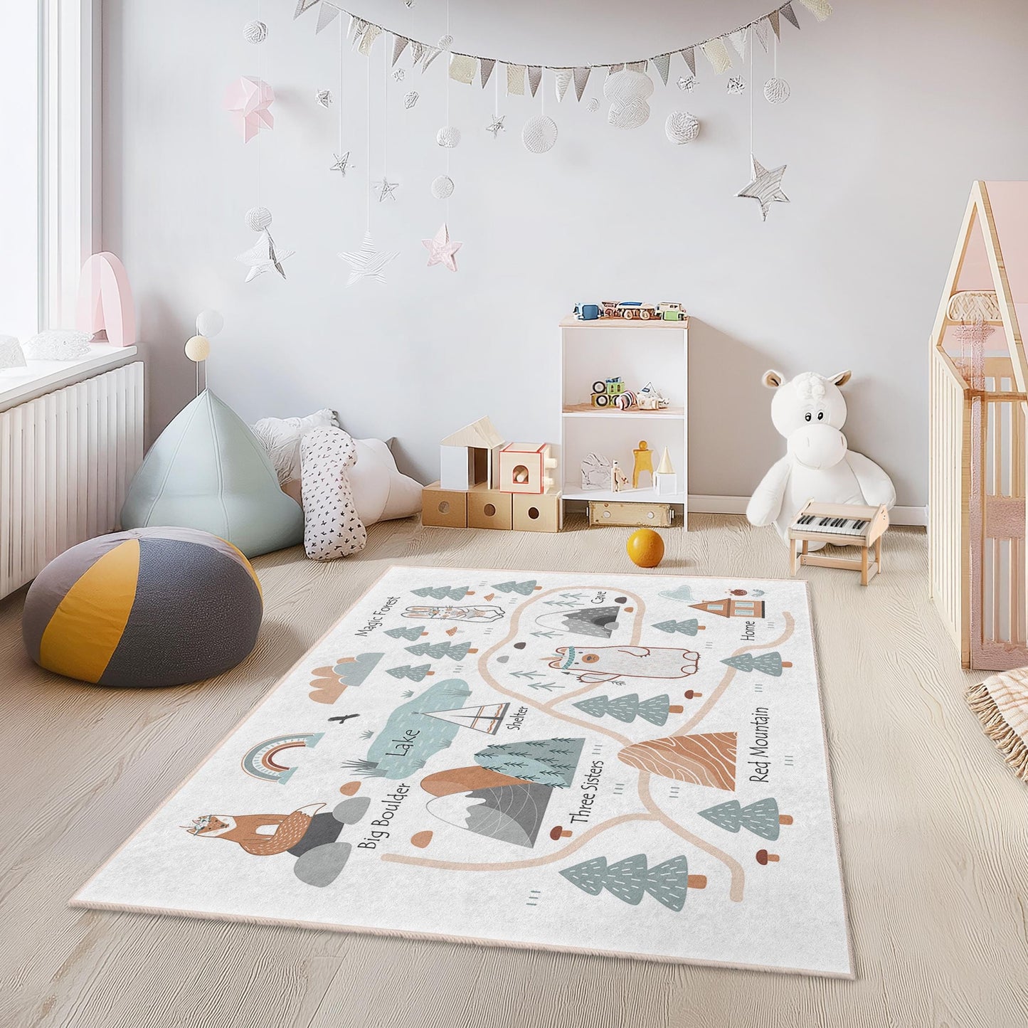 Abenteuerkarten-Spielteppich für Kinder, rechteckiger Spielteppich, Kinderteppich mit Wald- und Seemotiv, Tierspielmatte für Kinderzimmer und Spielzimmer