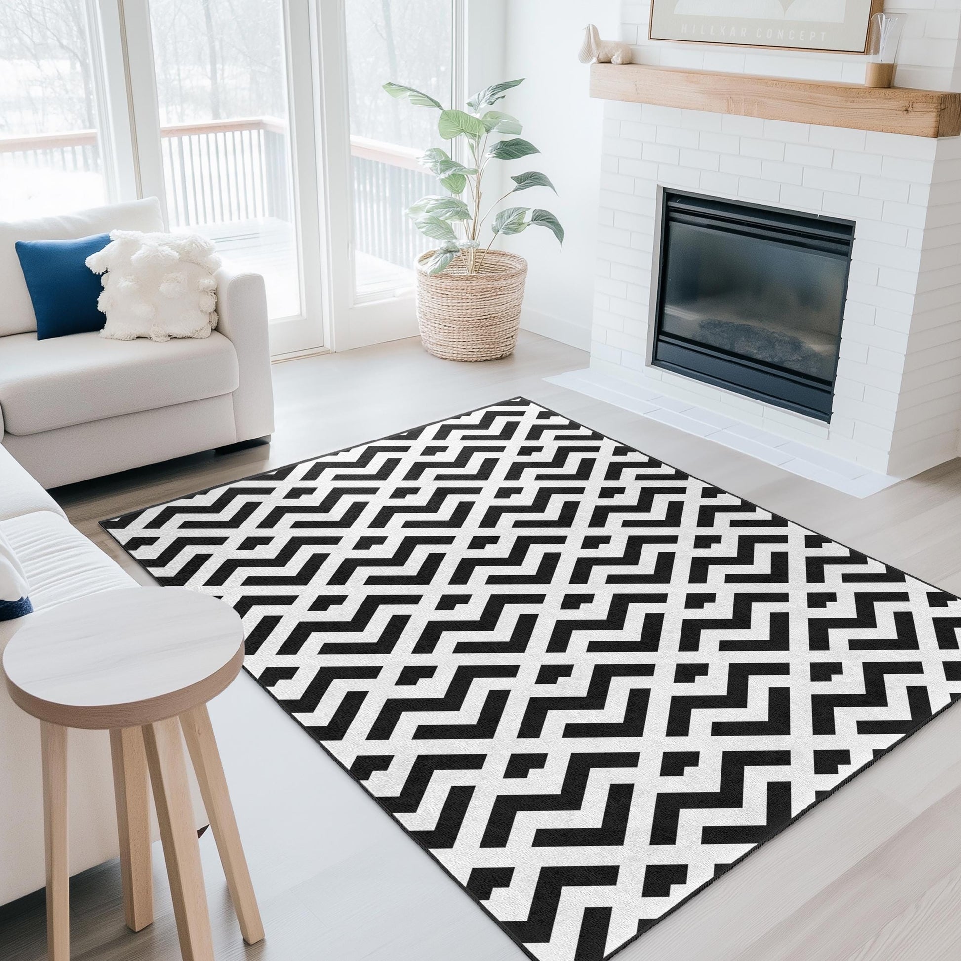Modern Geometric Black and White Area Rug, Rectangular Living Room Rug, Stylish Home Dcor, Chic Geometric Carpet, Contemporary Floor Mat