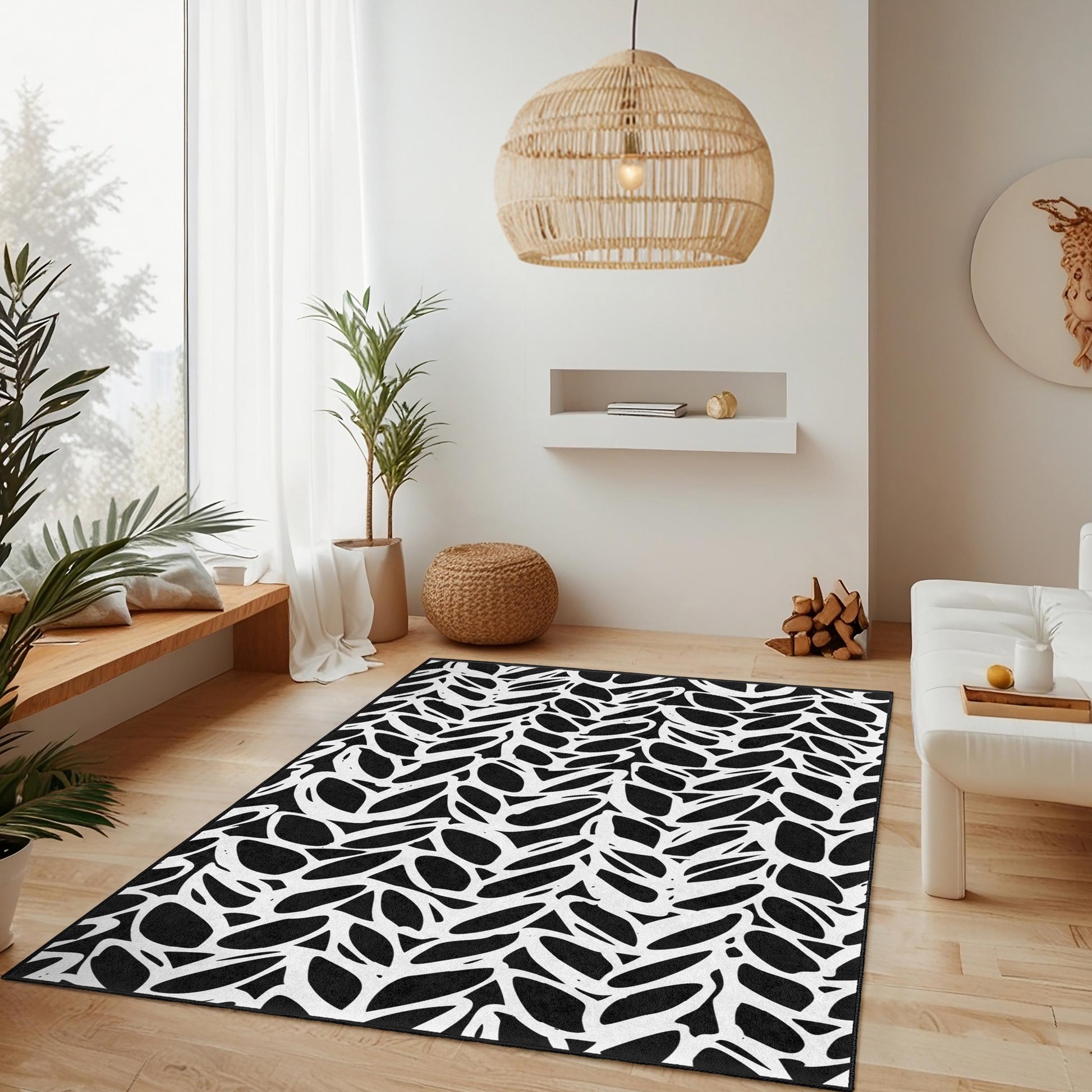 Stylish Black and White Leaf Pattern Rectangular Rug, Modern Home Decor, Area Rug, Living Room Carpet, Indoor Floor Mat