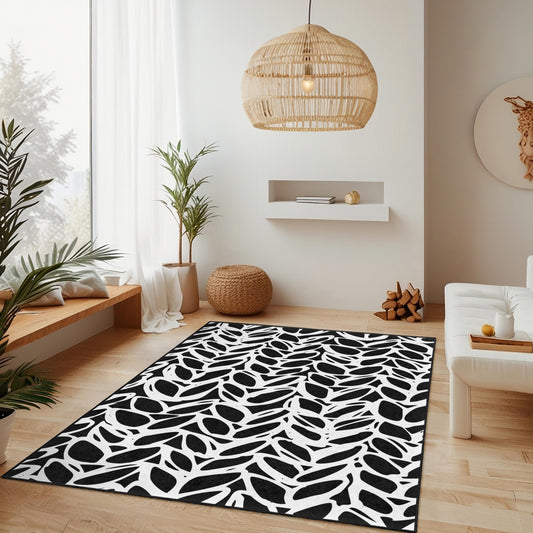 Stylish Black and White Leaf Pattern Rectangular Rug, Modern Home Decor, Area Rug, Living Room Carpet, Indoor Floor Mat