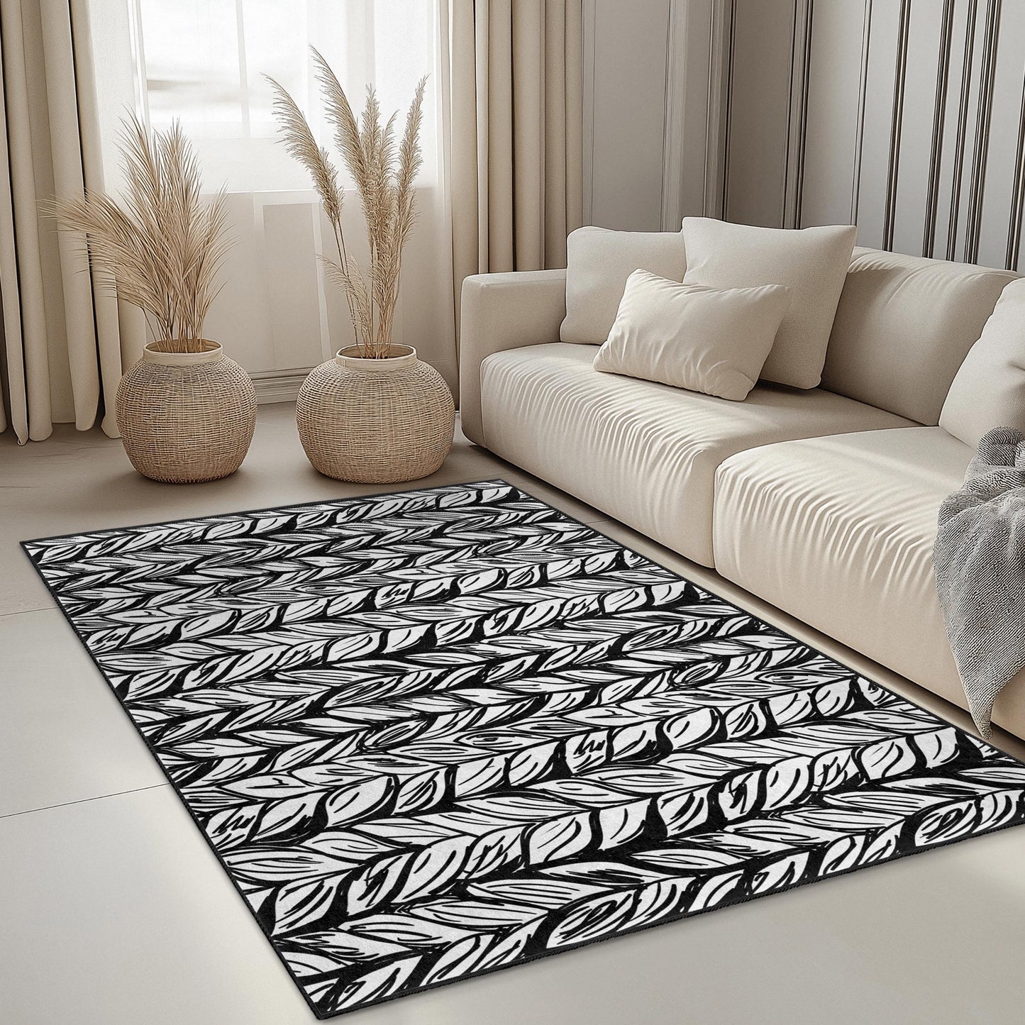 Elegant Black and White Leaf Pattern Rectangular Area Rug, Modern Home Decor, Stylish Carpet for Living Room, Bedroom or Office