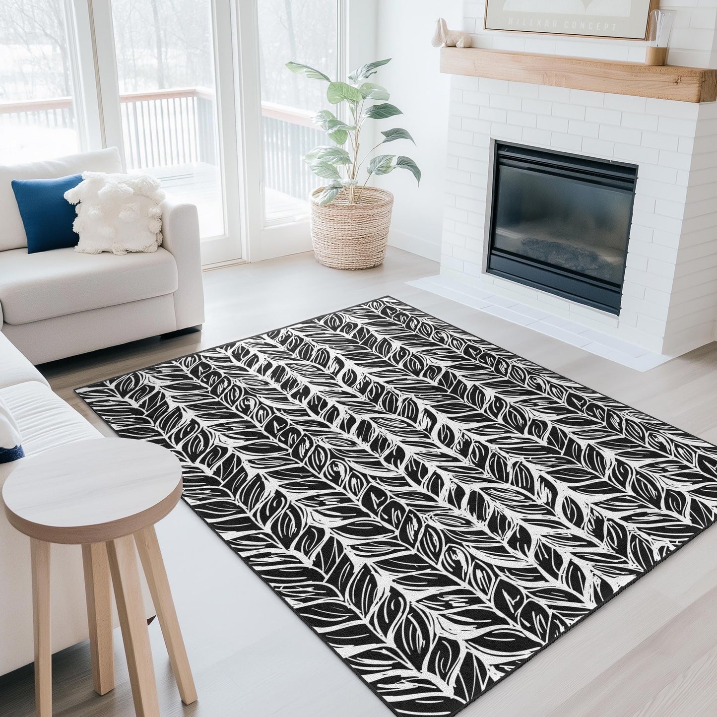 Leaf Pattern Rectangular Area Rug, Black and White Leaf Design, Stylish Rug for Living Room, Modern Home Decor, Indoor Carpet