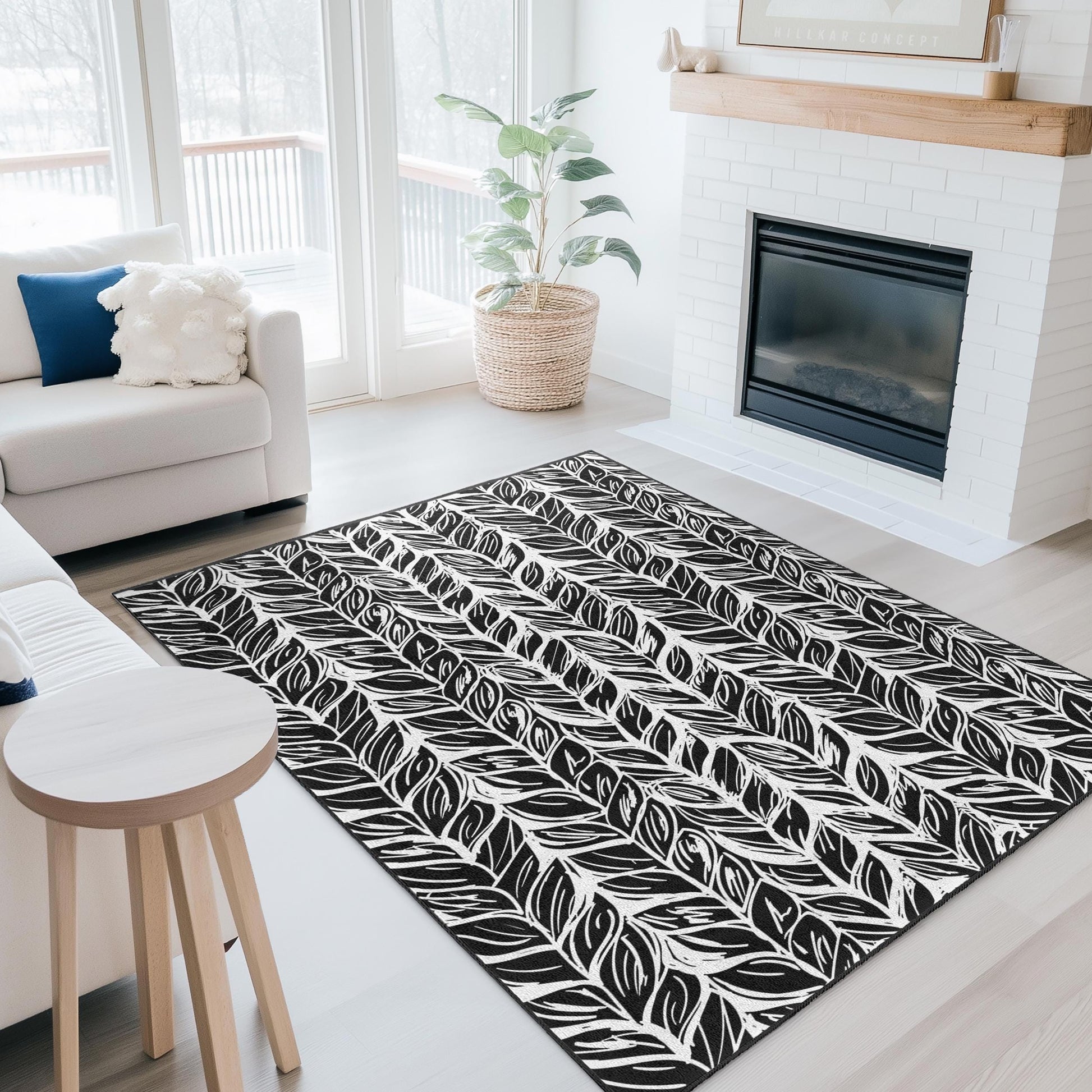 Leaf Pattern Rectangular Area Rug, Black and White Leaf Design, Stylish Rug for Living Room, Modern Home Decor, Indoor Carpet