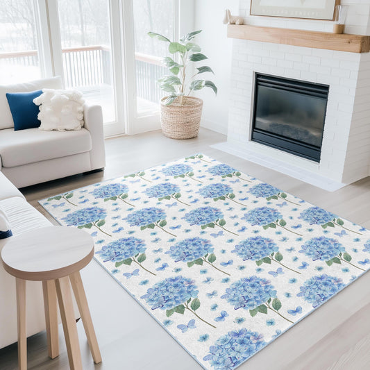 Blue Hydrangea Floral Rectangular Rug, Elegant Flower Carpet, Chic Home Decor Rug, Vintage Style Area Rug, Living Room Accent Rug