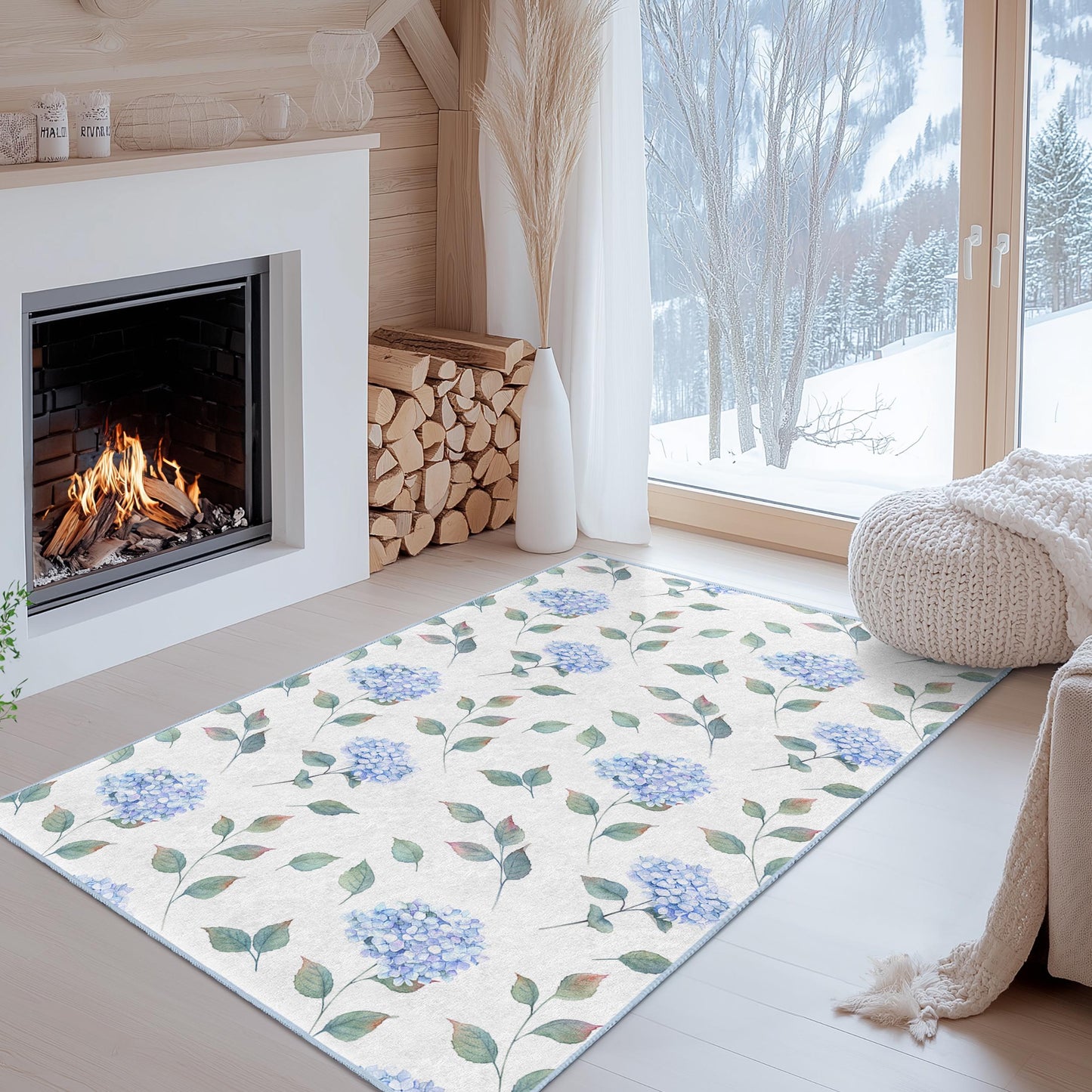 Elegant Blue Hydrangea Rectangular Area Rug, Floral Pattern Rug for Living Room, Soft Carpet for Home Decor, Flower Design Mat