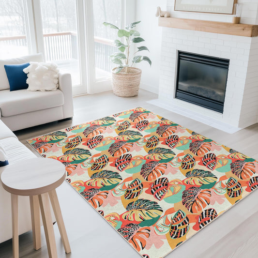 Vibrant Tropical Leaves Rectangle Area Rug, Colorful Leaf Design Rug for Living Room, Botanical Decor, Modern Home Carpet