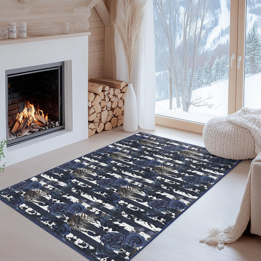 Navy Blue Floral Striped Area Rug, Rectangular Floral Carpet for Living Room, Modern Home Decor, Elegant Striped Floor Mat