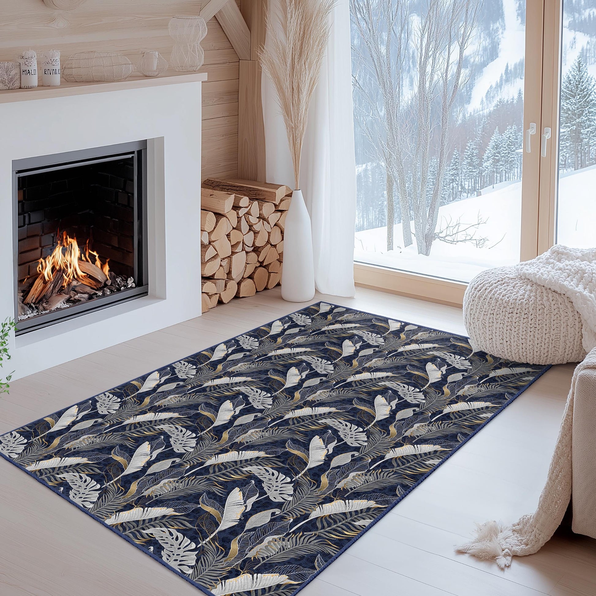 Elegant Leaf Pattern Rectangular Area Rug, Floral Design Living Room Carpet, Soft Home Decor Rug, Modern Aesthetic Rug