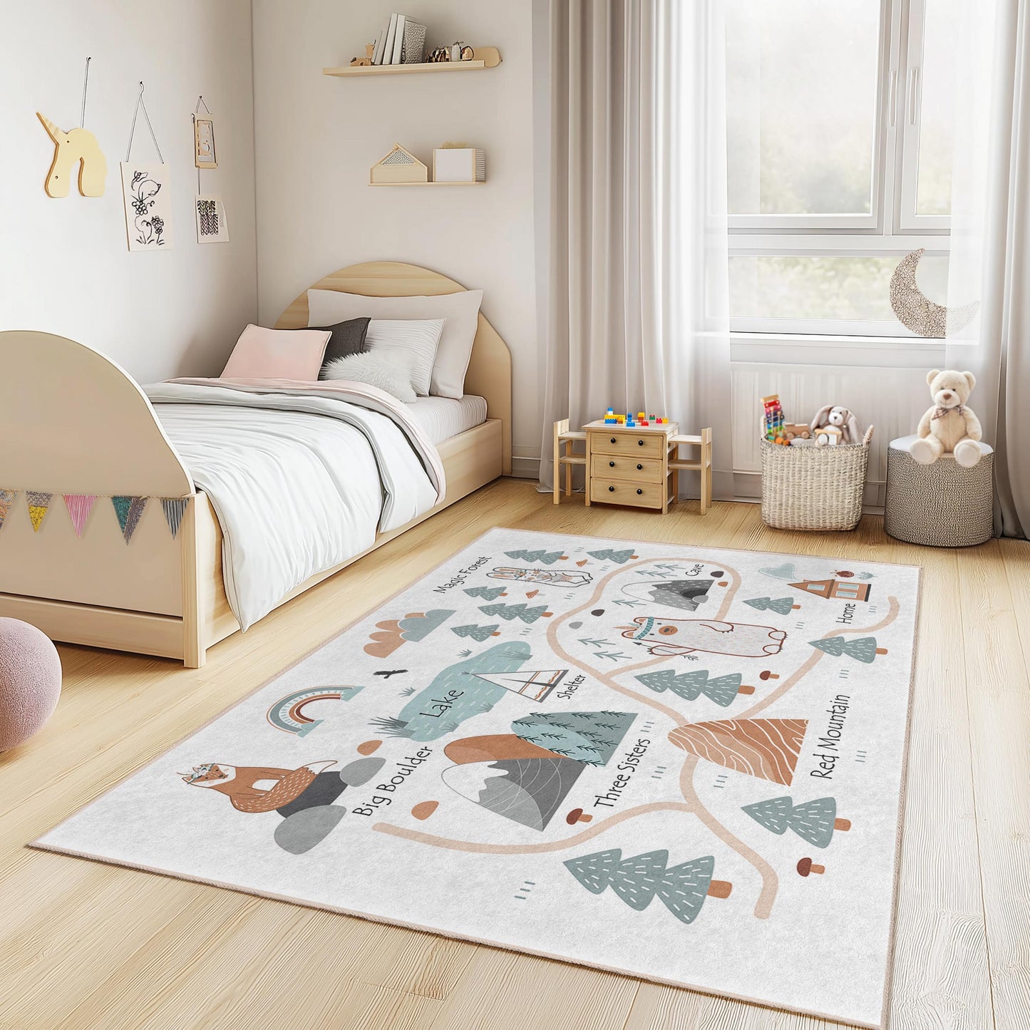 Abenteuerkarten-Spielteppich für Kinder, rechteckiger Spielteppich, Kinderteppich mit Wald- und Seemotiv, Tierspielmatte für Kinderzimmer und Spielzimmer