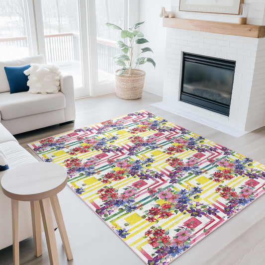 Vibrant Floral Rectangular Rug, Colorful Flower Area Rug, Living Room Carpet, Decorative Floral Mat, Flower Pattern Rug