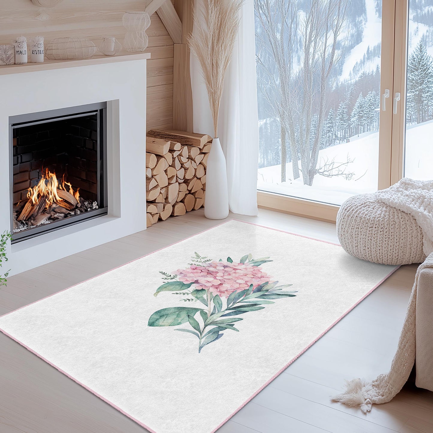 Soft Floral Rectangular Area Rug, Pink Flower Carpet for Living Room, Home Decor, Cozy Bedroom Rug, Elegant Floral Design