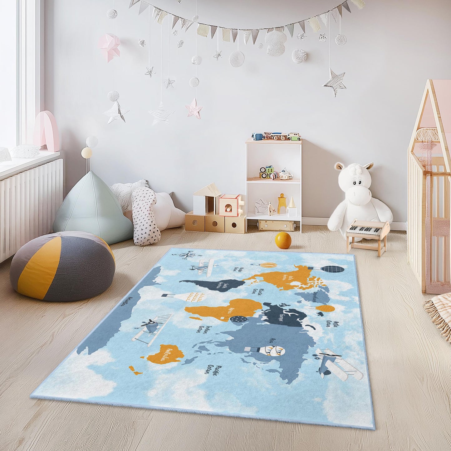 Abenteuerkarten-Kinderteppich, rechteckiger Teppich mit Reisemotiven, Weltkarten-Spielmatte, Lernteppich für Kinder, weiche Kinderzimmerdekoration