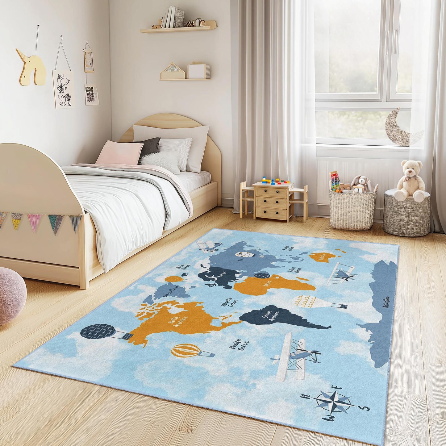 Abenteuerkarten-Kinderteppich, rechteckiger Teppich mit Reisemotiven, Weltkarten-Spielmatte, Lernteppich für Kinder, weiche Kinderzimmerdekoration