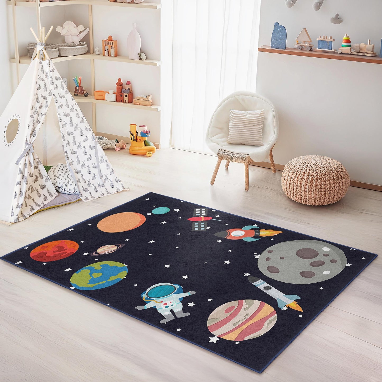 Weltraumabenteuer-Spielteppich für Kinder, Raketen- und Planeten-Spielmatte, rechteckiger Kinderzimmerteppich, Astronautenteppich für die Spielzimmerdekoration