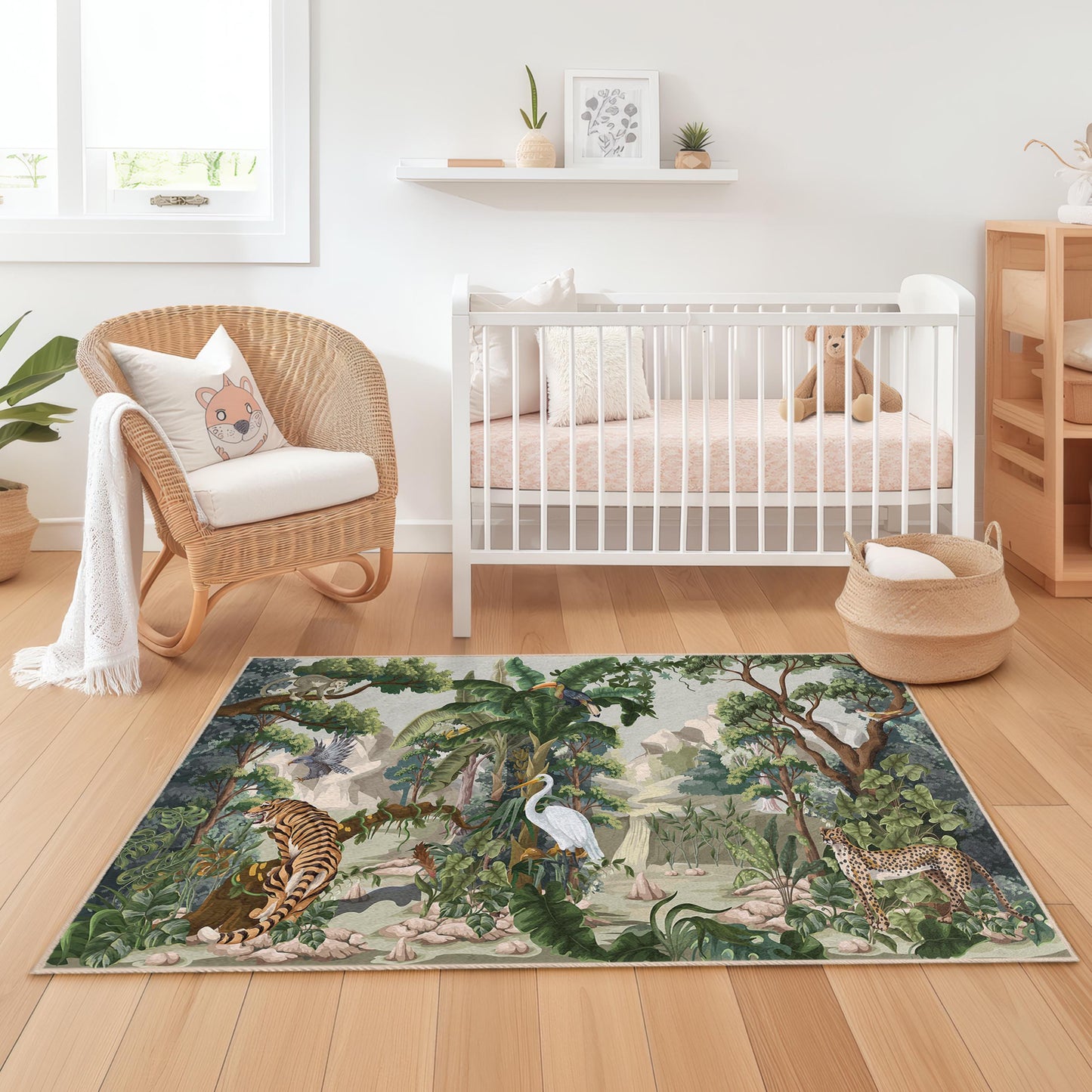 Rechteckiger Dschungel-Abenteuer-Kinderteppich, Spielmatte mit Tiermotiven, Safari-Kinderzimmerteppich, Dschungeldeko fürs Kinderzimmer