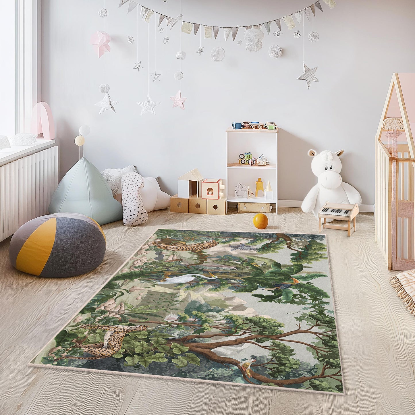 Rechteckiger Dschungel-Abenteuer-Kinderteppich, Spielmatte mit Tiermotiven, Safari-Kinderzimmerteppich, Dschungeldeko fürs Kinderzimmer