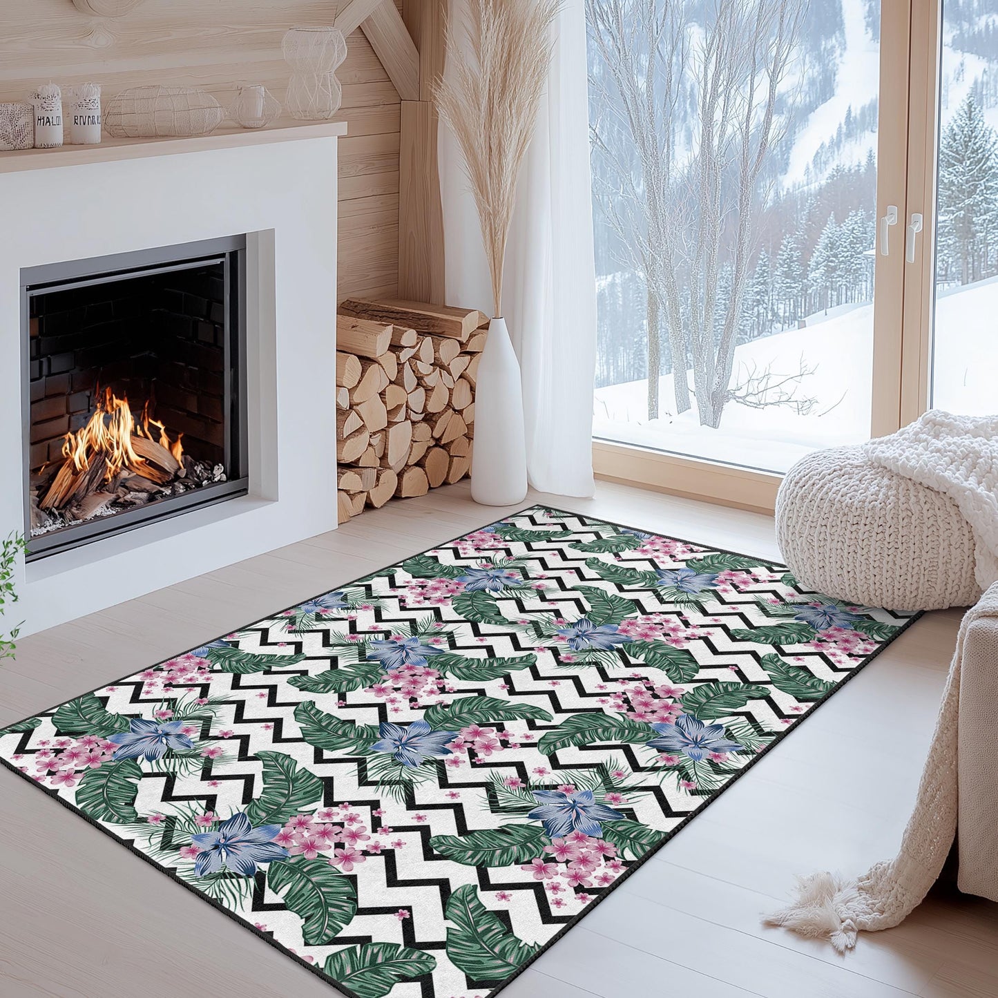 Cheerful Floral Patterned Rectangular Area Rug, Black and White Chevron Design, Living Room Carpet, Home Decor, Boho Style Rug