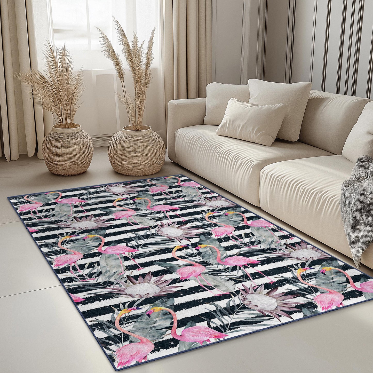 Tropical Flamingo Rectangular Area Rug, Floral Striped Carpet, Modern Living Room Rug, Beach House Decor, Kids Room Carpet