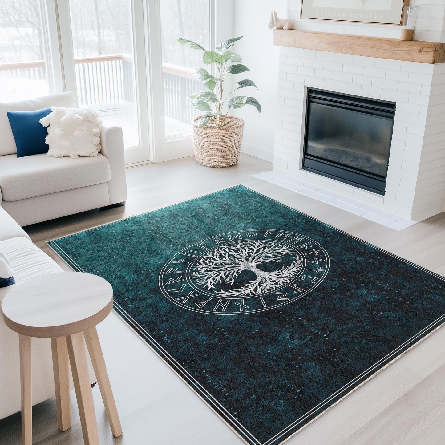 Mystical Tree of Life Rectangular Area Rug, Nordic Style Living Room Carpet, Nature Inspired Home Decor, Unique Floor Mat
