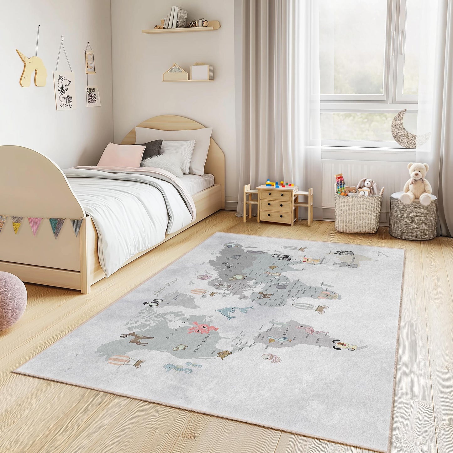Kinderzimmerteppich mit Tierweltkarte, weiche rechteckige Spielmatte fürs Kinderzimmer, Kinderzimmerdeko, Lernteppich, Teppich mit Tiermotiven