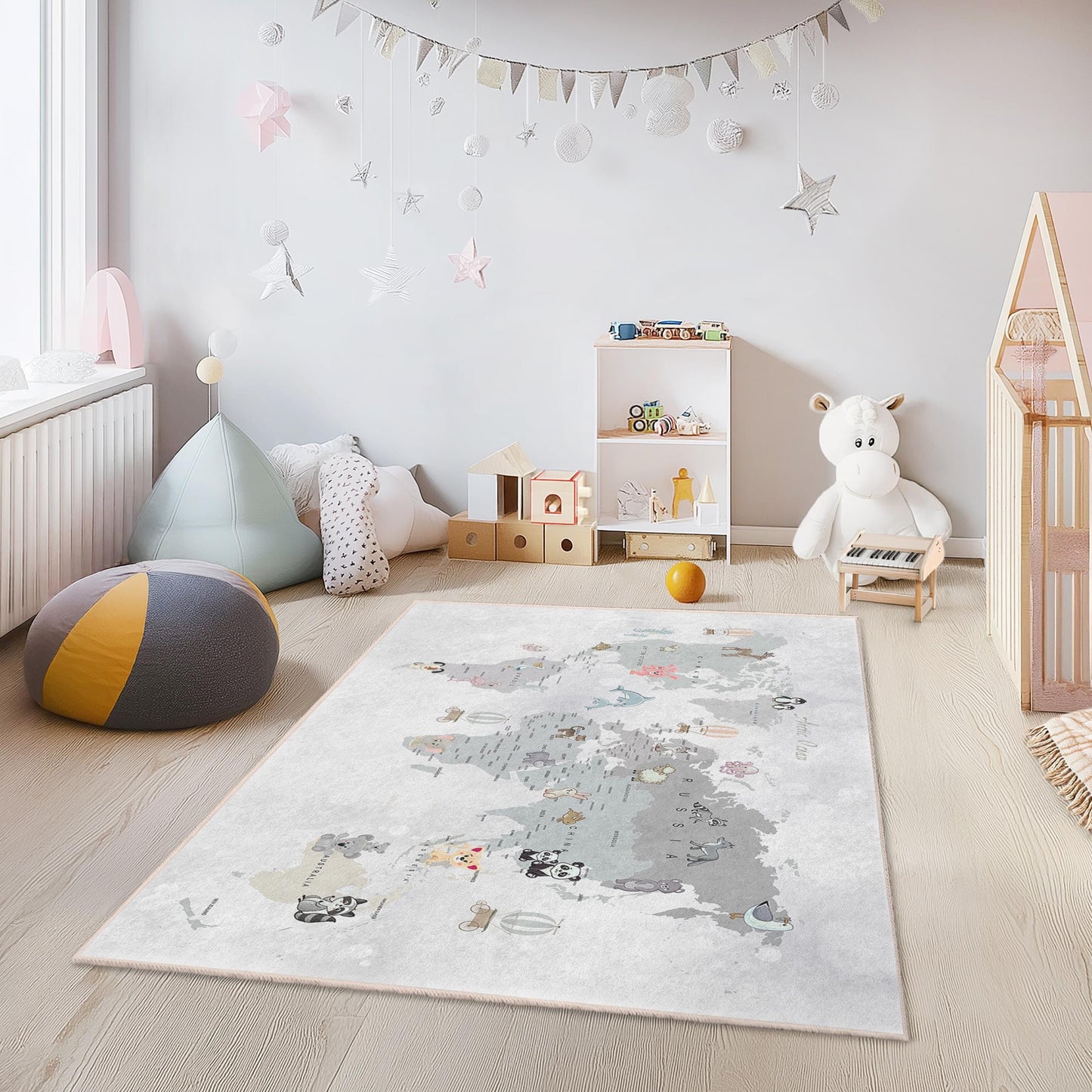 Kinderzimmerteppich mit Tierweltkarte, weiche rechteckige Spielmatte fürs Kinderzimmer, Kinderzimmerdeko, Lernteppich, Teppich mit Tiermotiven