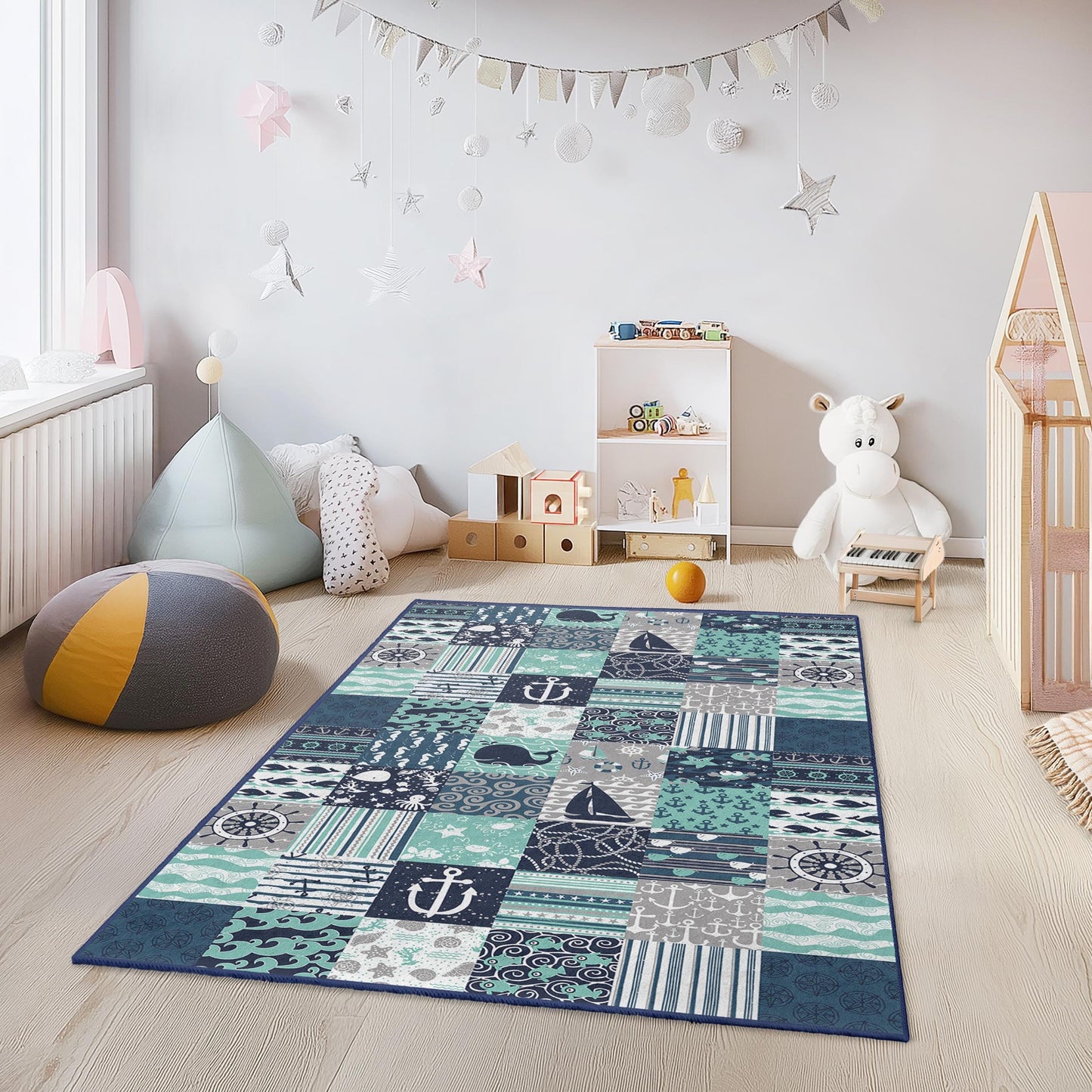 Rechteckiger Kinderteppich mit maritimen Motiven, Spielteppich mit Meeresabenteuer-Motiv, Wal- und Segelboot-Teppich, Kinderzimmerdekoration mit Meeresmotiven