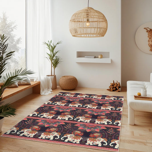Bohemian Elephant Pattern Rectangular Area Rug, Colorful Elephant Rug, Living Room Carpet, Unique Home Decor, Ethnic Design Rug