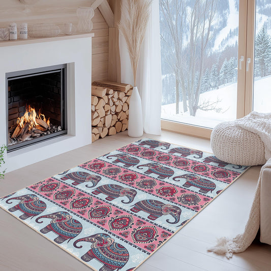 Elephant Pattern Rectangular Rug, Boho Chic Decorative Carpet, Living Room Area Rug, Pink and Blue Elephant Design, Unique Home Decor