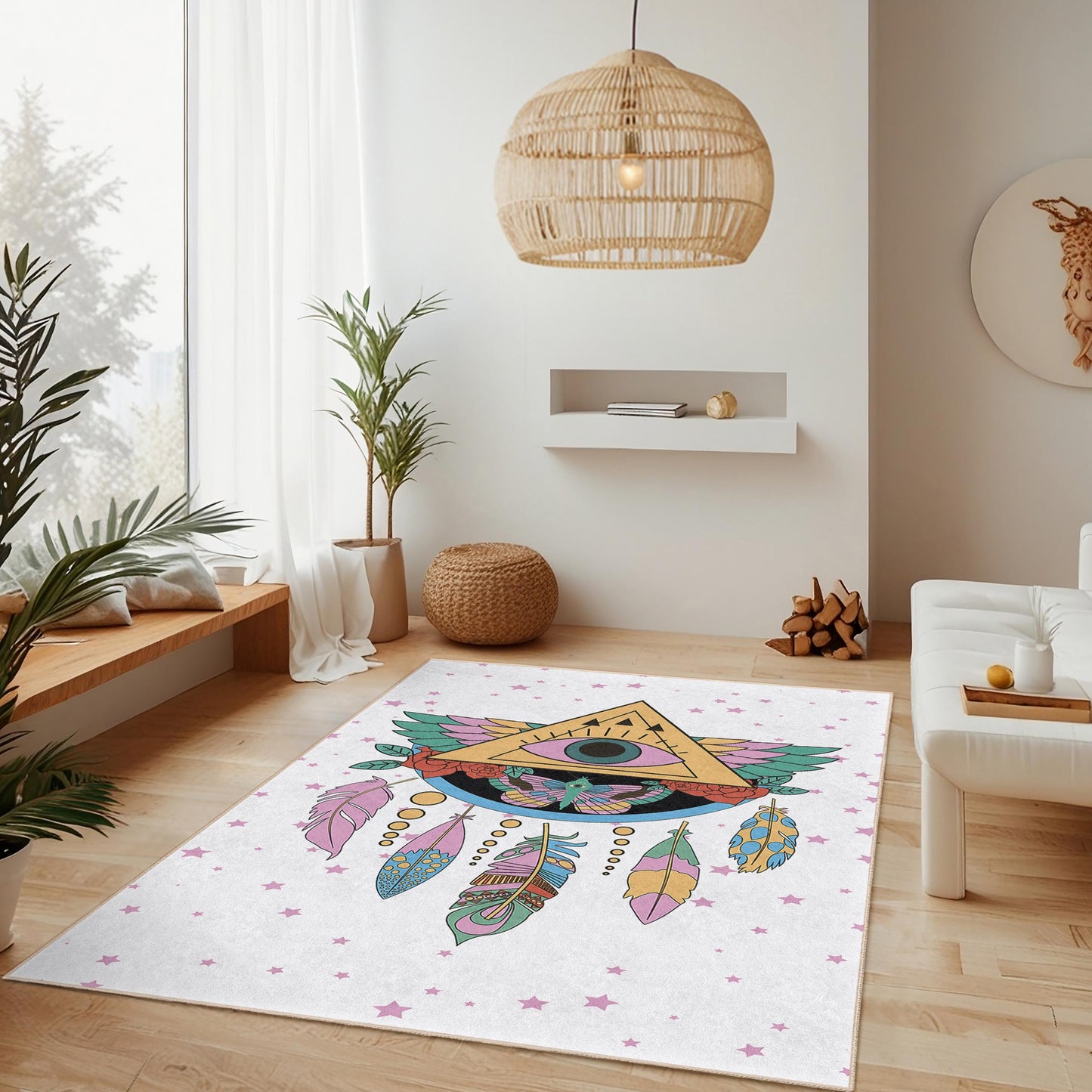 Mystical Eye and Feather Pattern Rectangular Rug, Bohemian Home Decor, Artistic Area Rug, Living Room Carpet, Unique Floor Mat