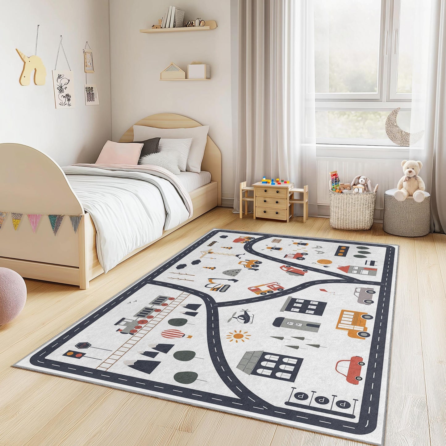 Bunter Stadtstraßen-Spielteppich für Kinder, interaktiver Straßenkarten-Teppich, lustige Spielmatte für Kinderzimmer, Spielzimmer und Schlafzimmer
