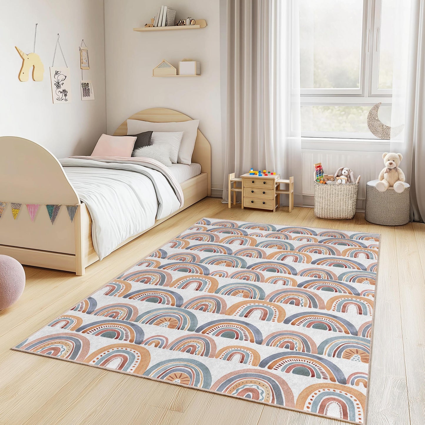 Weicher Kinderteppich mit Regenbogenmuster, rechteckiger Spielzimmerteppich, farbenfrohe Kinderzimmerdekoration, Spielmatte für Kinder